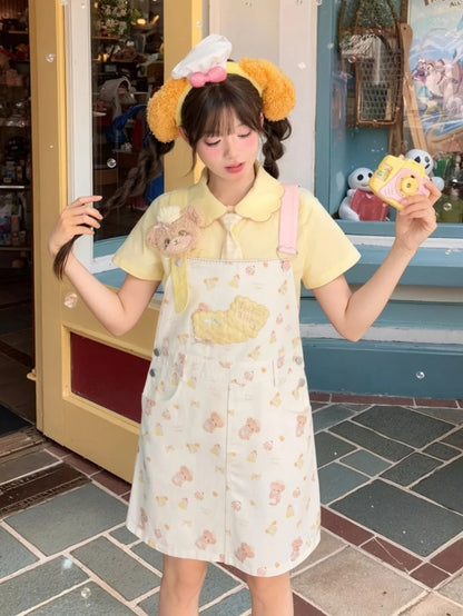 Bären-Stickerei-Applikation, weißer Plüsch-Keks mit Allover-Print, Overall-Rock