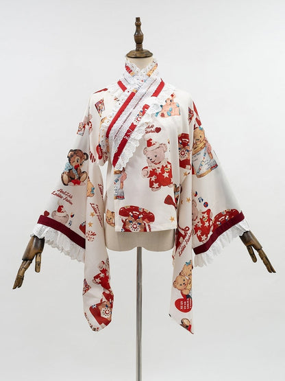 + Design Print Trimmed Set Wa Lolita Bear Beige Lace Top Crossover Dress JSK Red