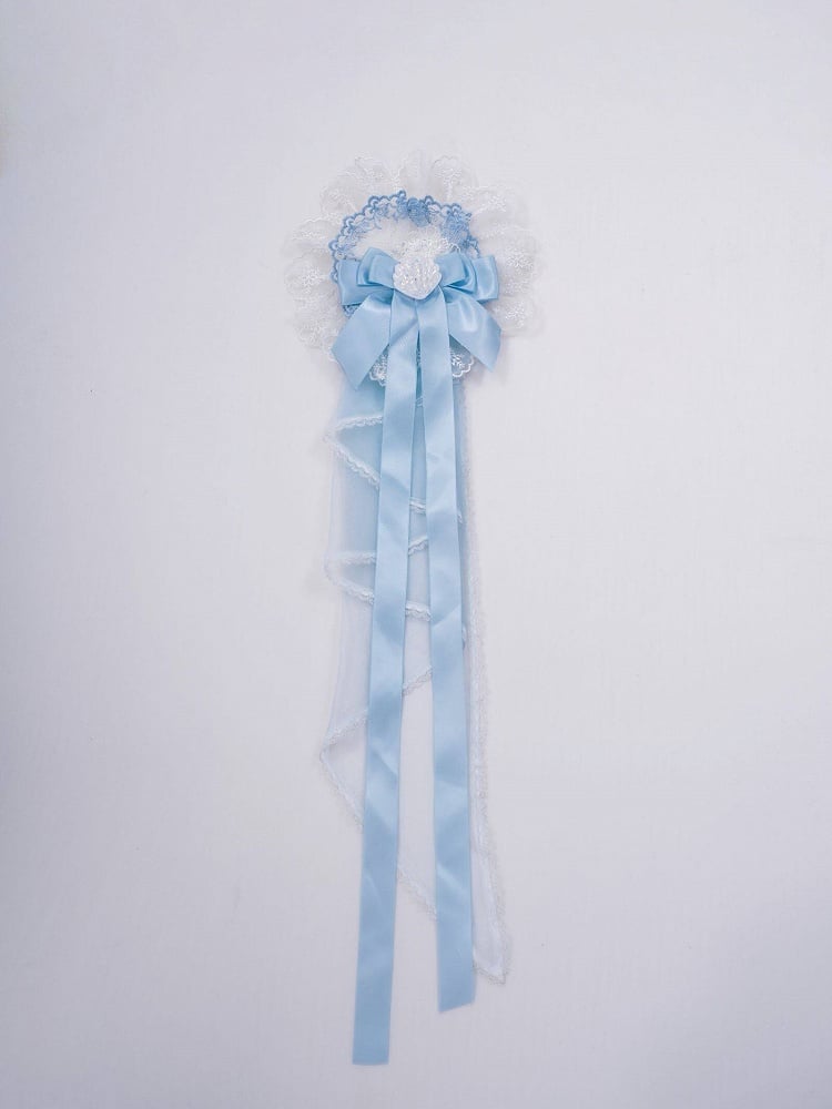 Blue/Pink Lace Bow Sweet Lolita Hairclip with Long Ribbons - PG Lullaby