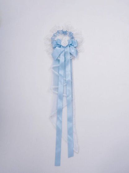 Blue/Pink Lace Bow Sweet Lolita Hairclip with Long Ribbons - PG Lullaby