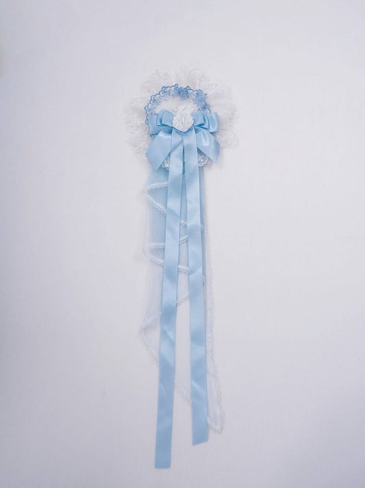 Blue/Pink Lace Bow Sweet Lolita Hairclip with Long Ribbons - PG Lullaby