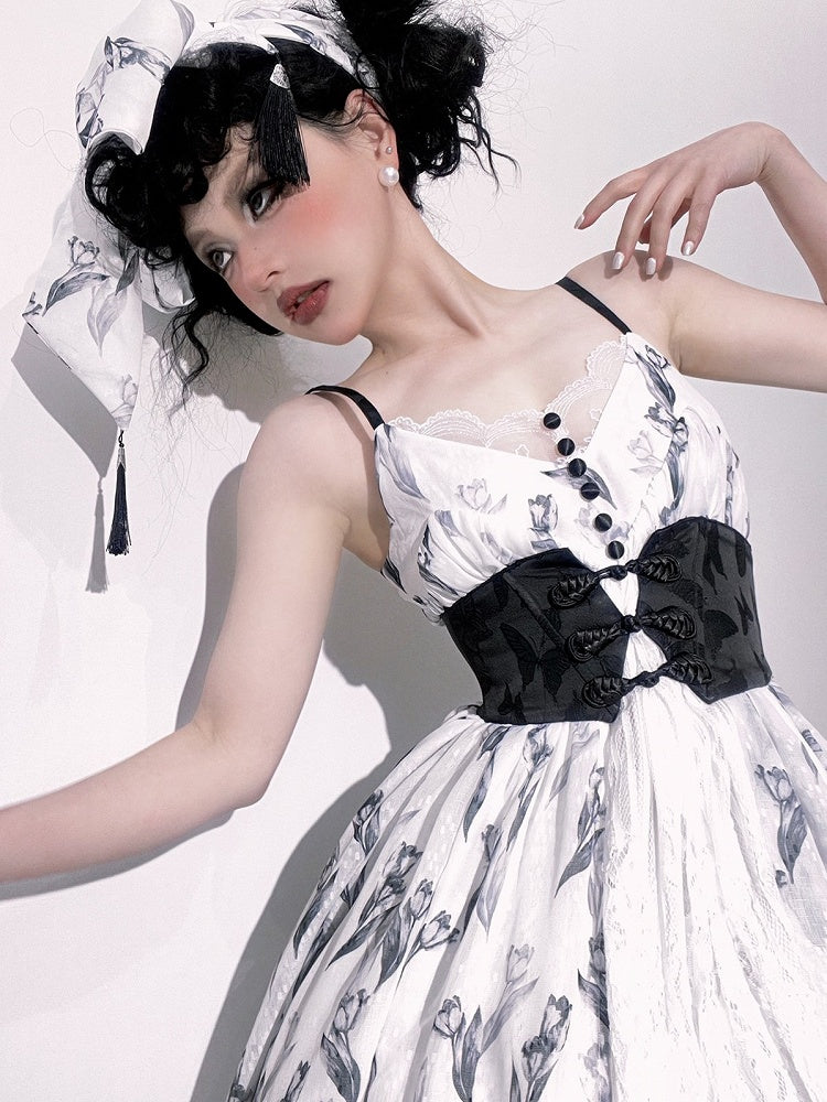 Tulip Dress+Cropped Set Top+Corset Lolita Black Elegant Classic Belt+Hairrband Full Pattern White