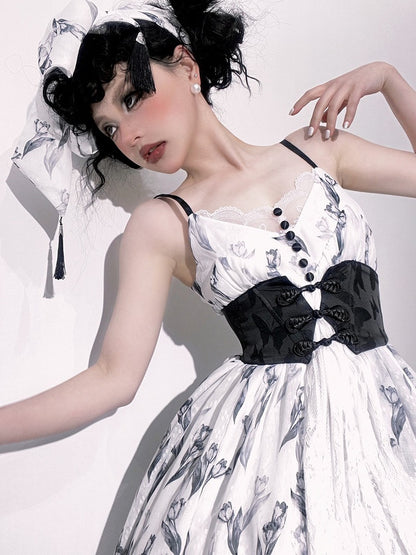 Tulip Dress+Cropped Set Top+Corset Lolita Black Elegant Classic Belt+Hairrband Full Pattern White