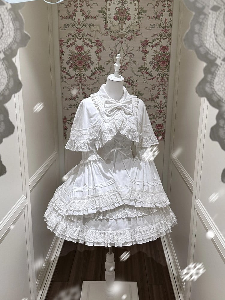 Snowfall-White Cotton JSK Dress with Ruffle and Bow Details