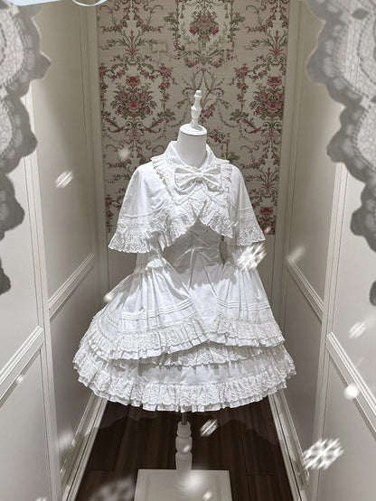 Snowfall-White Cotton JSK Dress with Ruffle and Bow Details