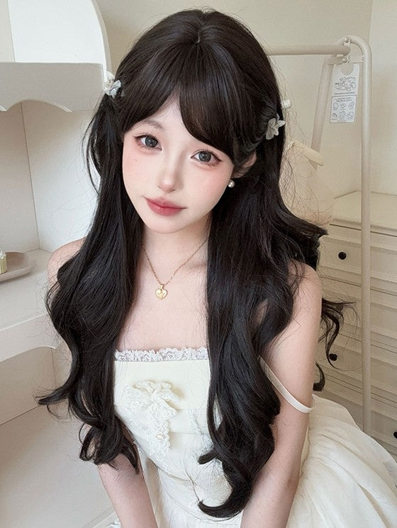 Perücke mit Länge 71 cm, luftbraun, gewellter Pony, dunkel