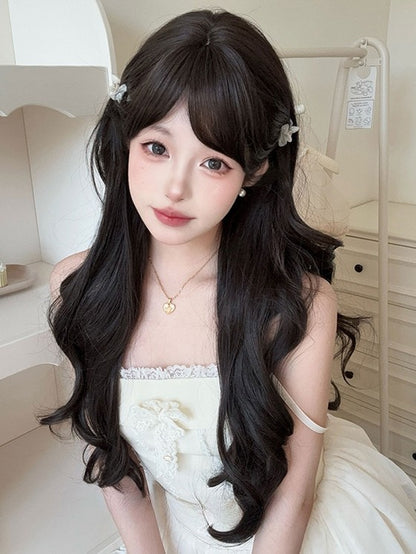 Perücke mit Länge 71 cm, luftbraun, gewellter Pony, dunkel