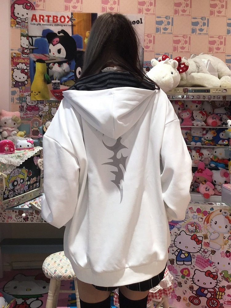 Dark Y2K Hooded White Zip Jacket with Gothic Tattoo Print - Alita26SS