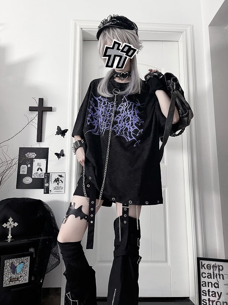 T-Shirtwith Gothic Loose ChainPurple Black Detachable Thorn Print