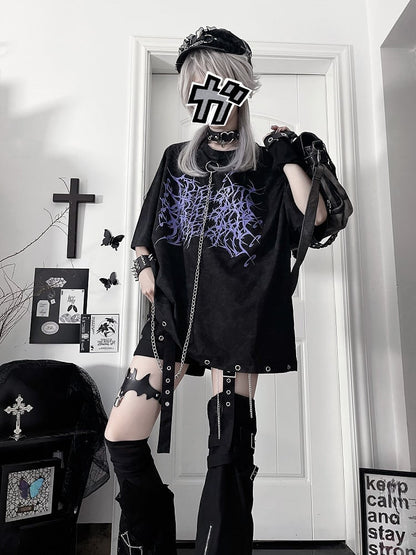 T-Shirtwith Gothic Loose ChainPurple Black Detachable Thorn Print