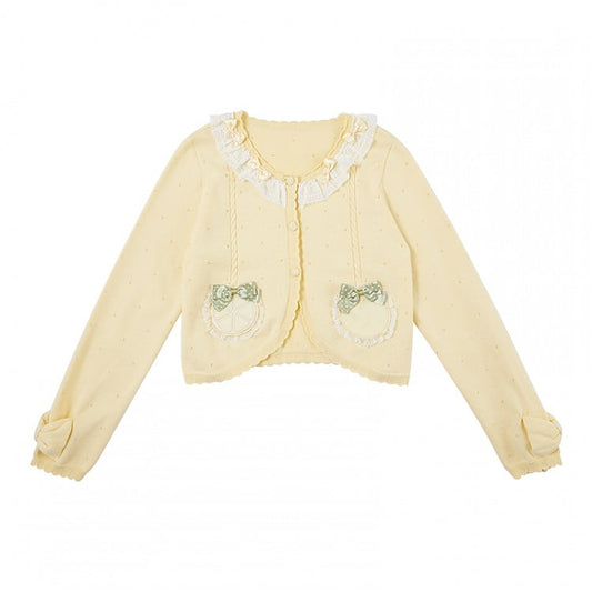イエローの長袖レモンアップリケカーディガン