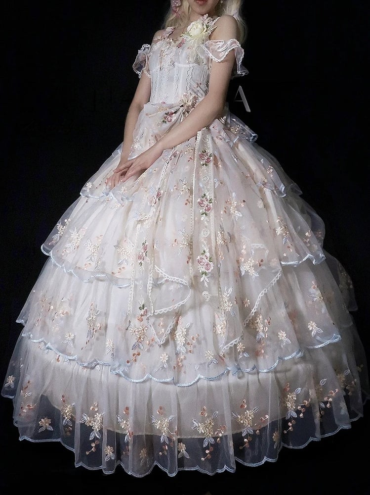 Wrist Full Painting-Inspired Apricot Lolita Skirt + Set Short Elegant Embroidered Cuffs Hanayome JSK - Oil Extension Large Floral Dress White Bow Brooch