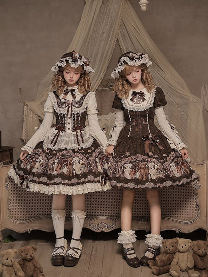 Vintage Doll Style Brown Short Sleeve OP Dress with Bear Symphony Print - Twin Bear Original Design