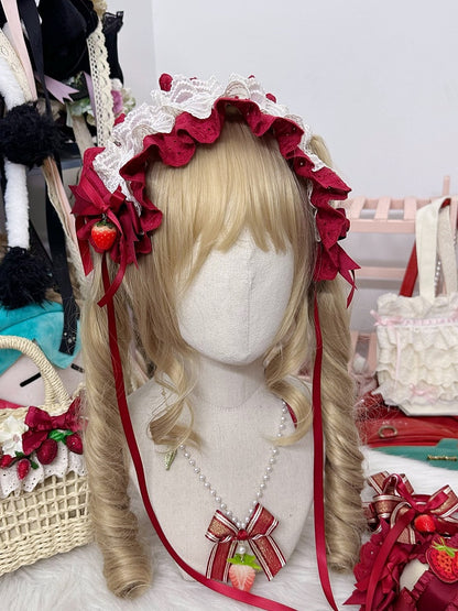 Red Decorations Strawberry with Ruffled White Lolita Hairband Sweet