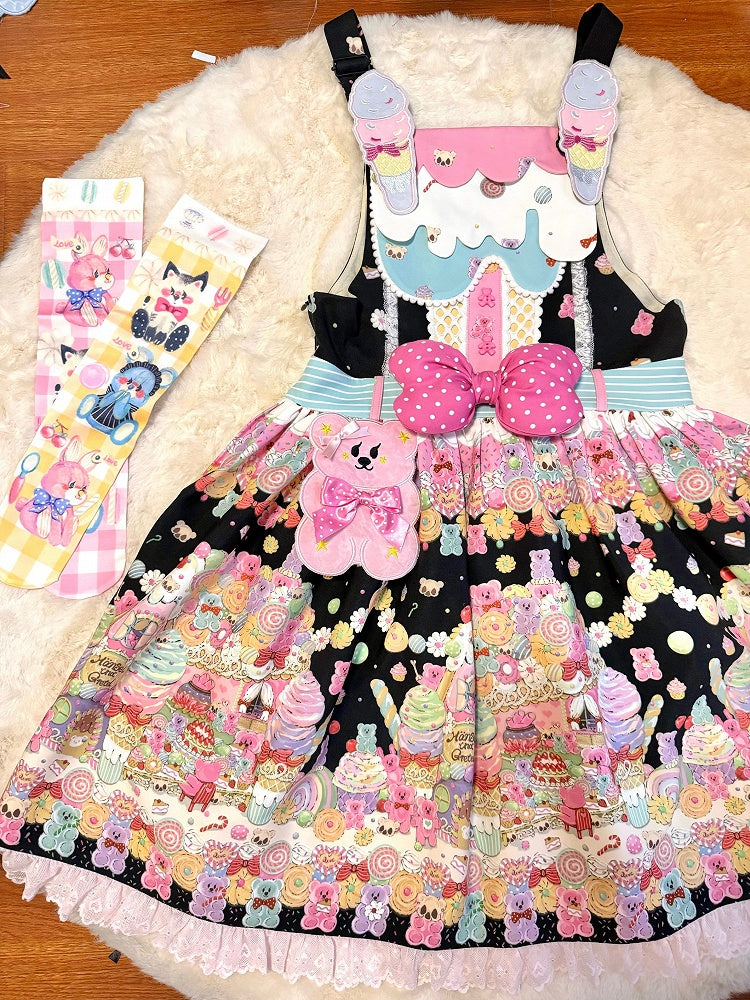 Kleid Lolita Print Sweet Desserts Bär Overall Schwarz und Gummi