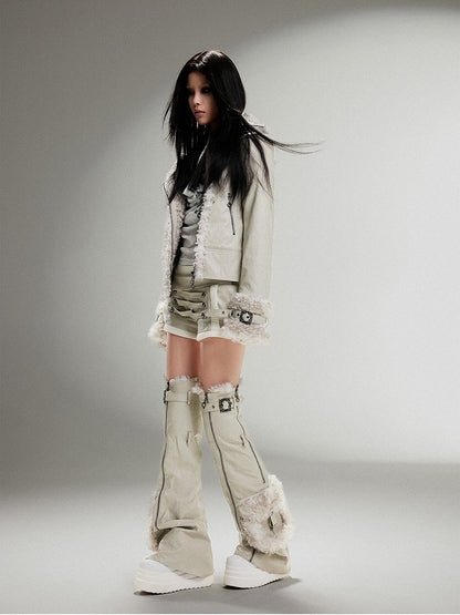 with White Textured Punk Studs Waist Metal PU Shorts Vinatge Gray Low-Rise Elastic