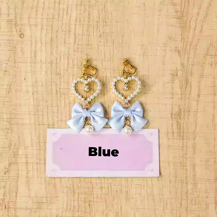 Herz Ohrclips Jirai Kei Weiß/Dusty Perlen Rosa/Blau/Schwarz/Rosa Schleife