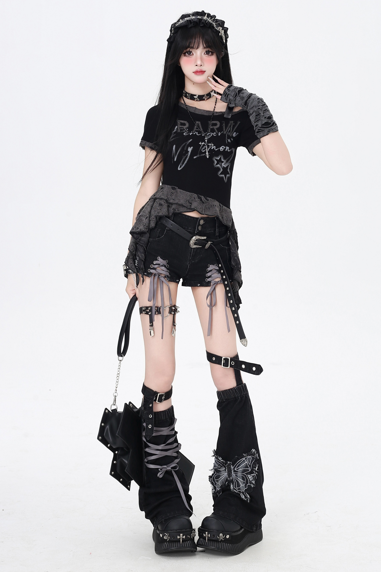 ショートパンツ カラーリボン デニム レースアップ