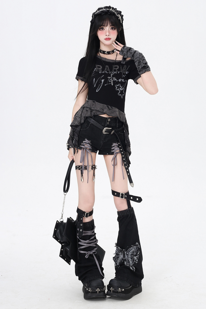 ショートパンツ カラーリボン デニム レースアップ