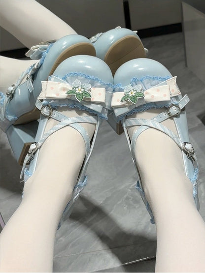 with Sweet PU Top Round in Mid Blue Heels Toe Lolita Bow at