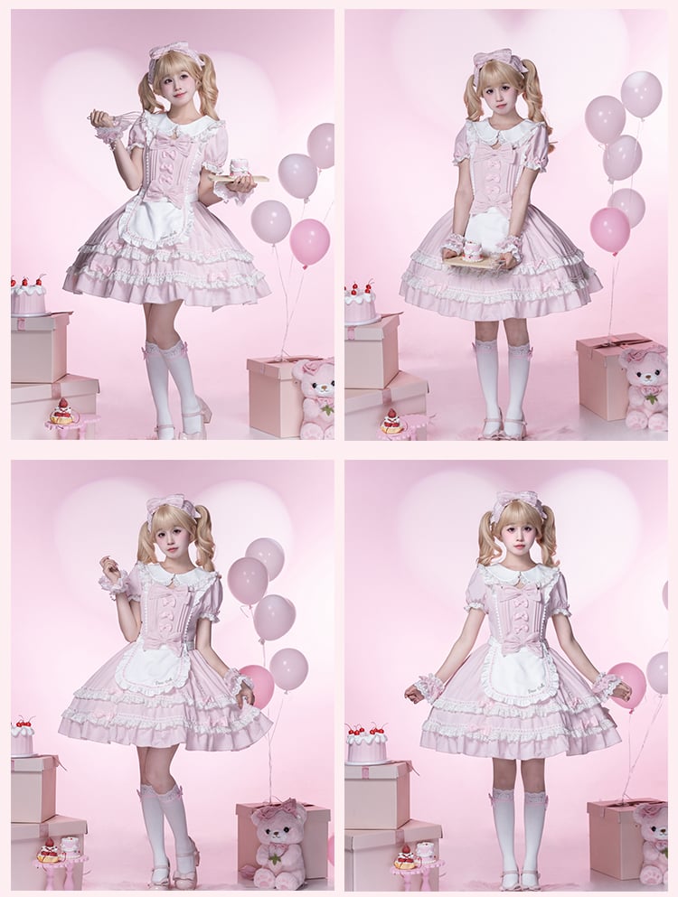 Weiße Schürze zum Selbstbinden und Lolita-Pink