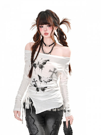 Waist Neckline Butterfly Print Glamorous Top Drawstring White Off-the-shoulder