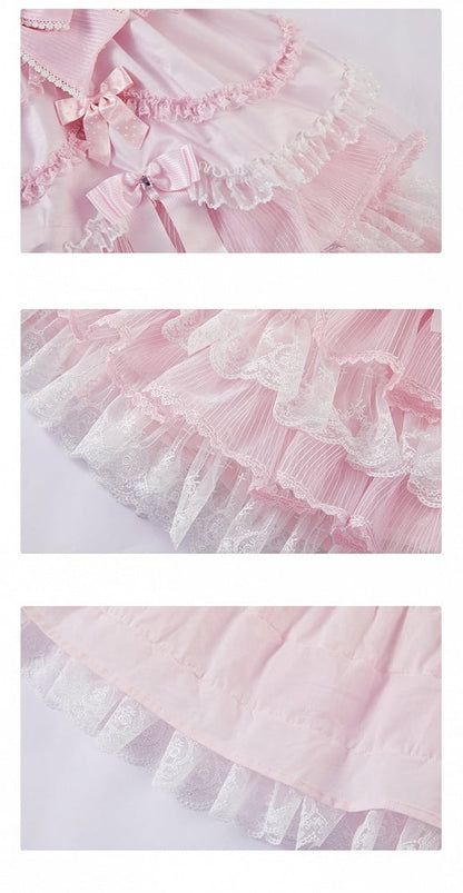 ピンクのプリンセスレイヤードフリルドレス、取り外し可能なパフスリーブ付きスイートロリータジャンパースカート