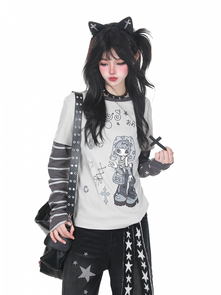 Two-Piece Print with Faux Cartoon Girl Striped Top BlackGray/YellowGreen Sleeves