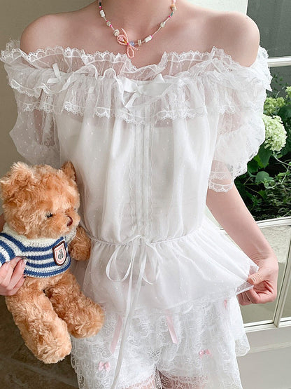 White Off-Shoulder Lolita Top with Puff Sleeves and Bow - Lan Jian Chuan