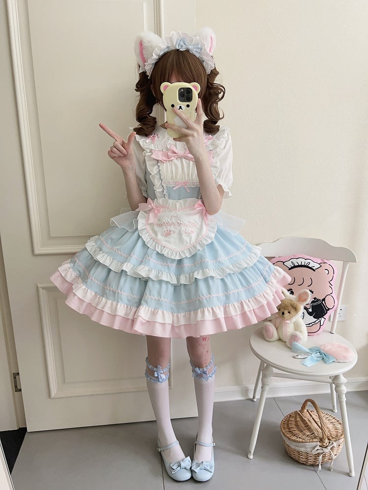 Blue JSK Sweet Bow / Apron Lolita Full Maid Ruffle Set Dress + Heart