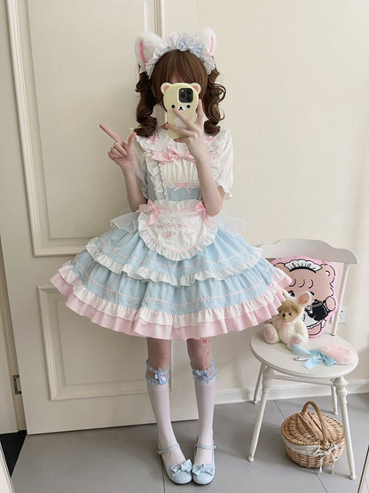 Blue JSK Sweet Bow / Apron Lolita Full Maid Ruffle Set Dress + Heart