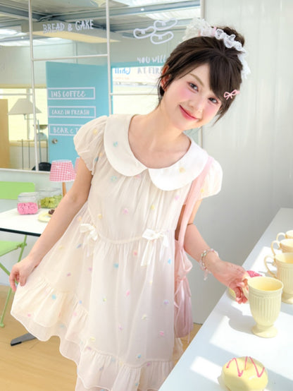 Muster Bunte Polka-dot Weiß Peter Pan Kragen Puffärmel Chiffon Kleid