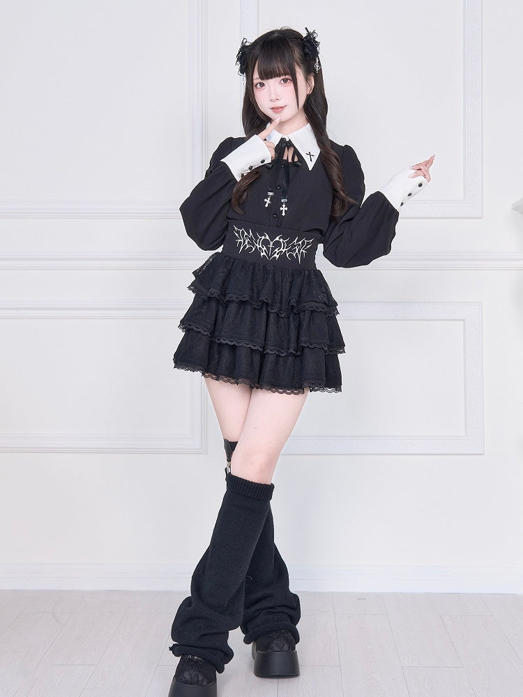 Lacing Jirai Embroidered with Blouse - White Kei Sleeve Long Back Cross Black