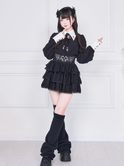 Lacing Jirai Embroidered with Blouse - White Kei Sleeve Long Back Cross Black