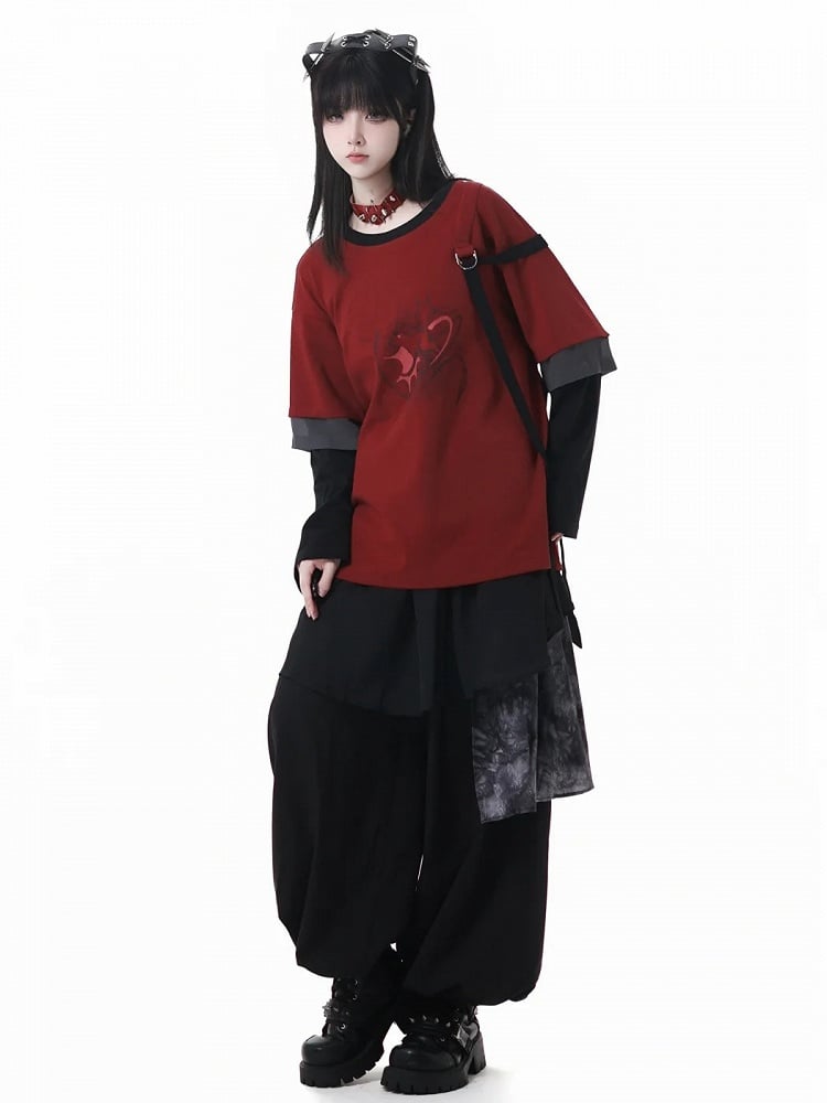 Elastic Casual Dye Style Mesh Tie Patchwork Black and Pants Cheongsam Cuffs Waist