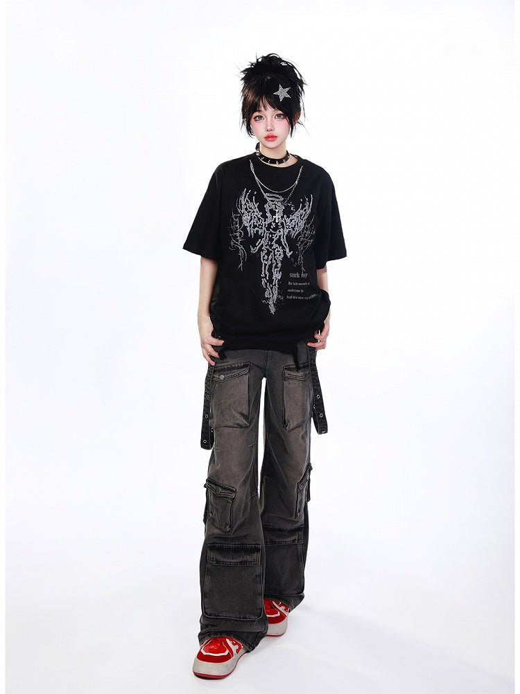 White/Black Distressed T-Shirt with Angelic Outline and Detachable Chain Cross