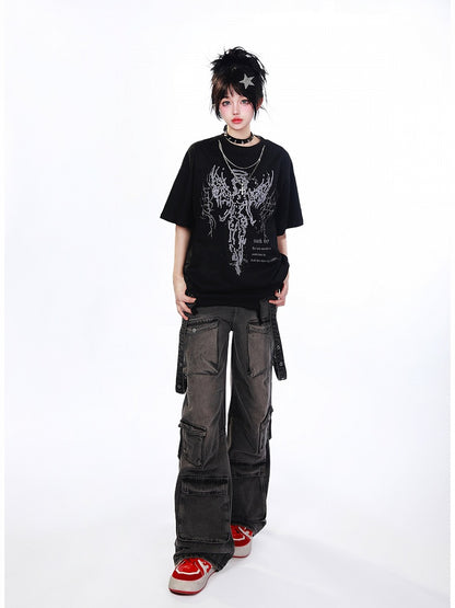 White/Black Distressed T-Shirt with Angelic Outline and Detachable Chain Cross