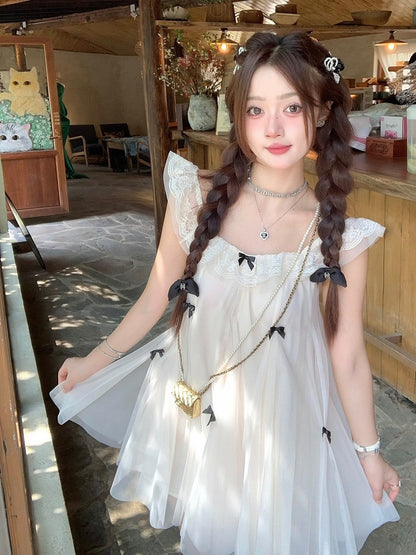 Sweet Apricot Dress with Bow and Lace Trim - Qchiwawameme