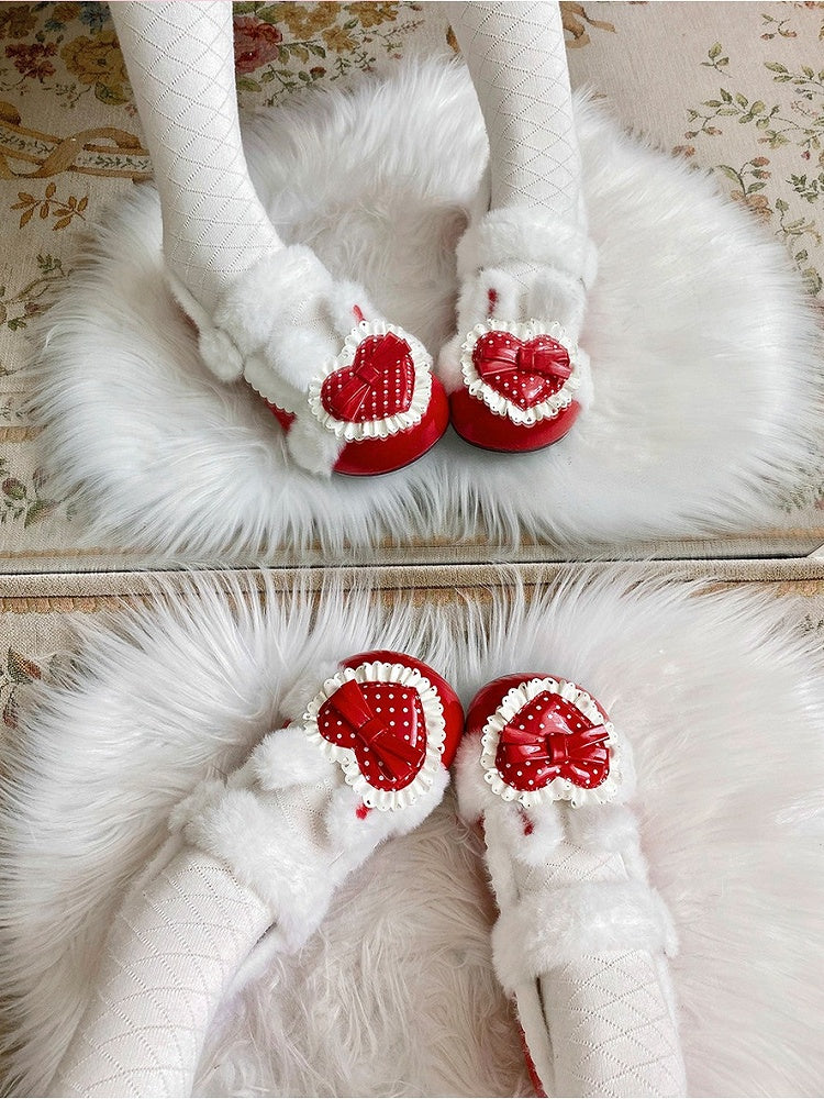 Red Bunny Fur-Trimmed Heart Detail Flat Winter Shoes - Cute Bunny