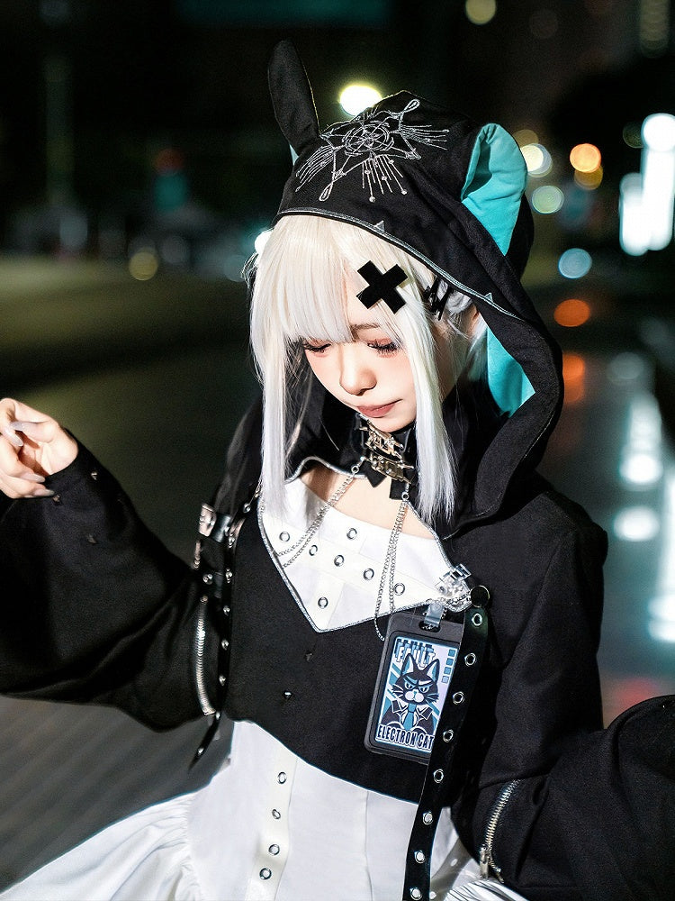 Cropped Long-Sleeve Hoodie Top with Cat Ears, Metal Buckles in Black & Blue - Xiong Dou Jiang