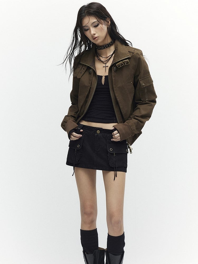 Khaki Cinching Vintage Jacket Fleece Lining Waist - Mock Neck