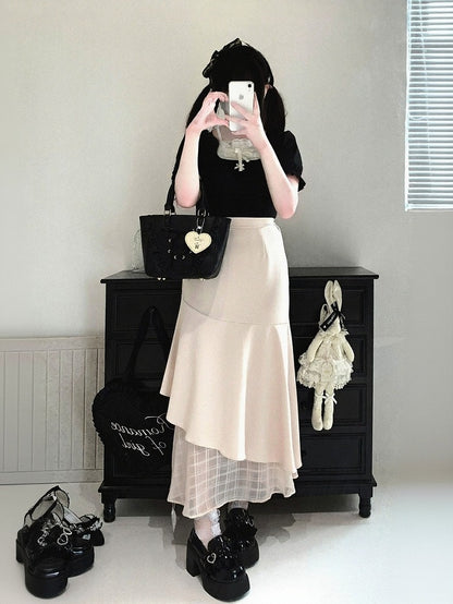 Asymmetrical Mermaid Skirt with Plaid Tulle, Seiso Style, 4 Colors - Kitty Bxllet