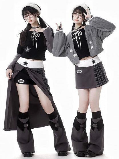 Schwarzes Top mit schulterfreiem Ausschnitt, Stern-Applikation und Schnürdetail