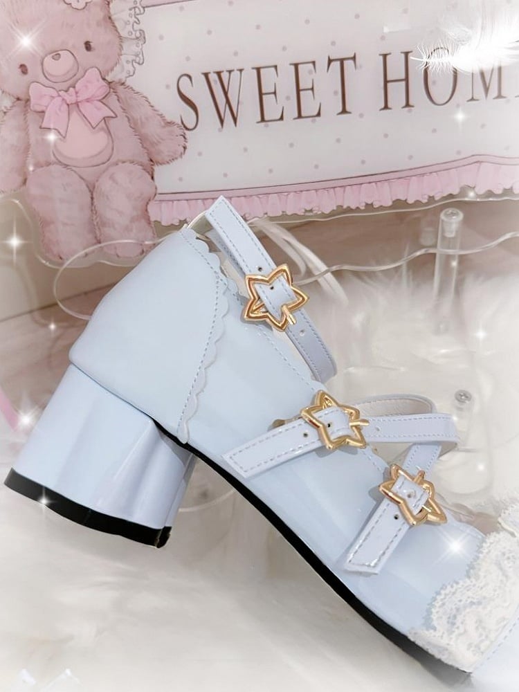 Heels Sweet Lace Mid Blue Delicate Leather - PU with Lolita