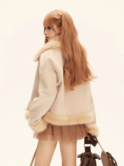 Khaki with Toggle Fur Fashion Coat Suede Short Trim Millard Faux Light