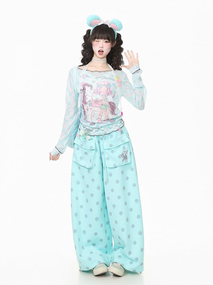 Cyan Breathable Mesh Long Sleeve Sun Protection Tee with Cartoon - Languid Park