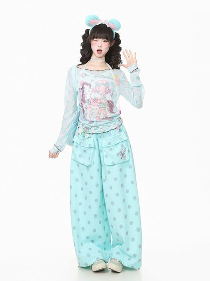 Cyan Breathable Mesh Long Sleeve Sun Protection Tee with Cartoon - Languid Park