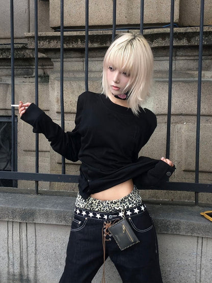 Black Button Details Crewneck Sweatshirt with in