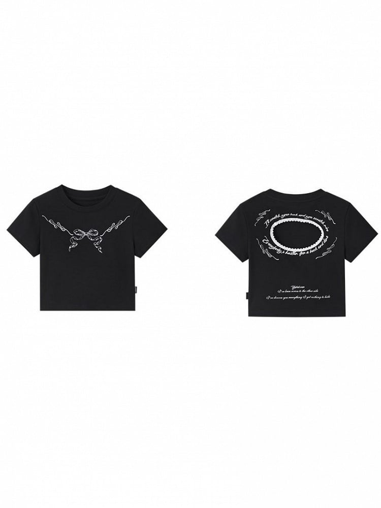 with Cutout Print Black T-Shirt Cropped Trim Bow Punk Lace White Back