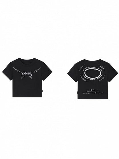 with Cutout Print Black T-Shirt Cropped Trim Bow Punk Lace White Back